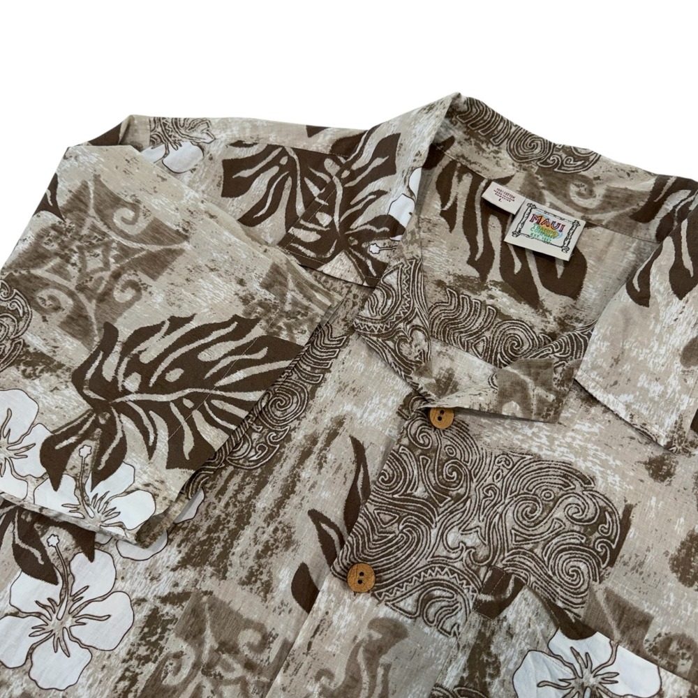 Maui Trading Company Mens Large Tan Tropical Tribal Tiki Print Button Down Shirt